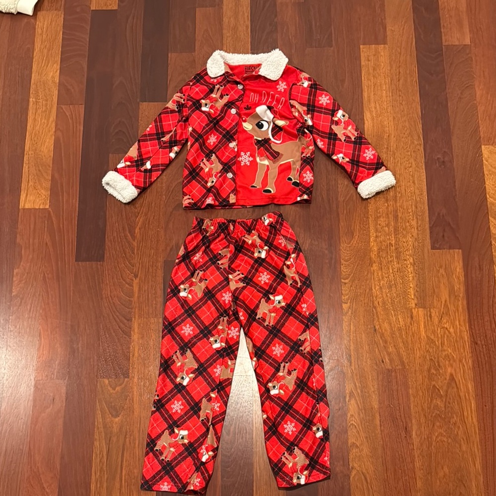 Cozy Red Rudolph Reindeer Kids Pajamas